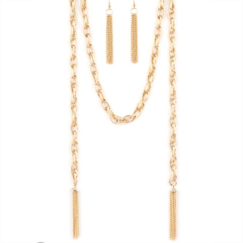 Paparazzi Gold-Tone Chain Earrings and Scarf Necklace Set